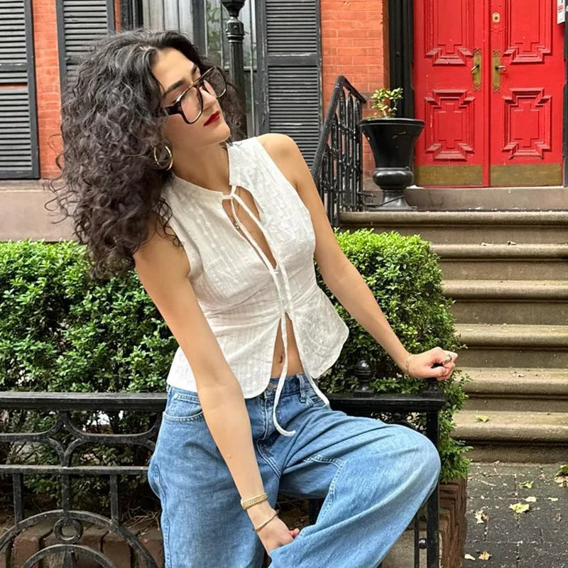 "Girl Next Door" Women's Breathable See-Through Y2K Style Button Up Crop Top