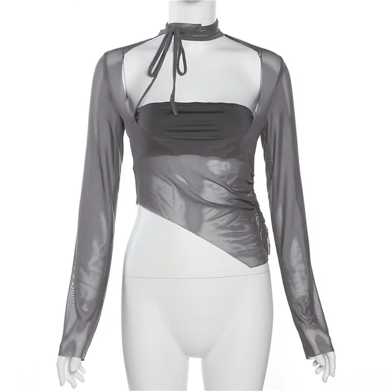"Steel" Women's See-Through Mesh Y2K Style Crop Top