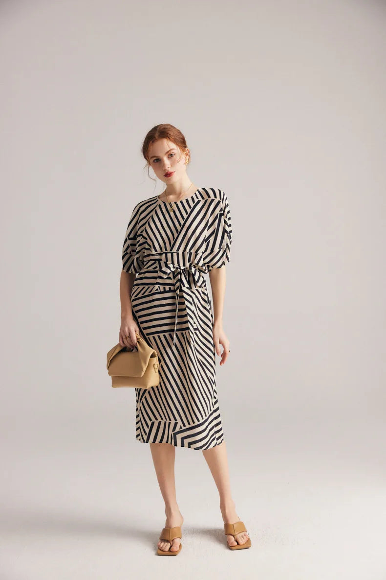 "Lady Jaye" Women's Mulberry Silk Bat Sleeve Striped Dress