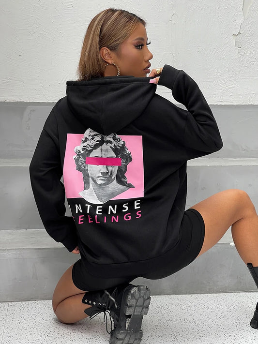 “Intense Feeling” Women’s Casual Graphic Print Black Hoodie