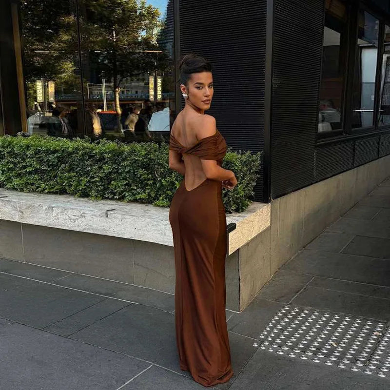 "Elena" Women's Backless Off Shoulder Bodycon Maxi Dress