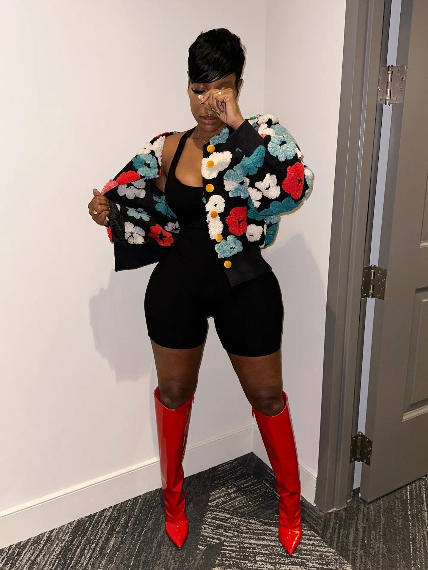 “Sauced Up” Elegant Front Floral Print Long Sleeve Jacket