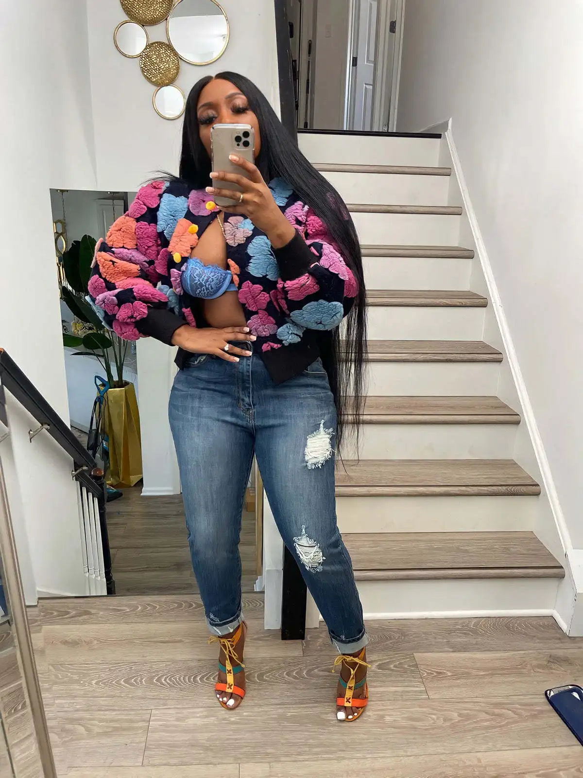 “Sauced Up” Elegant Front Floral Print Long Sleeve Jacket