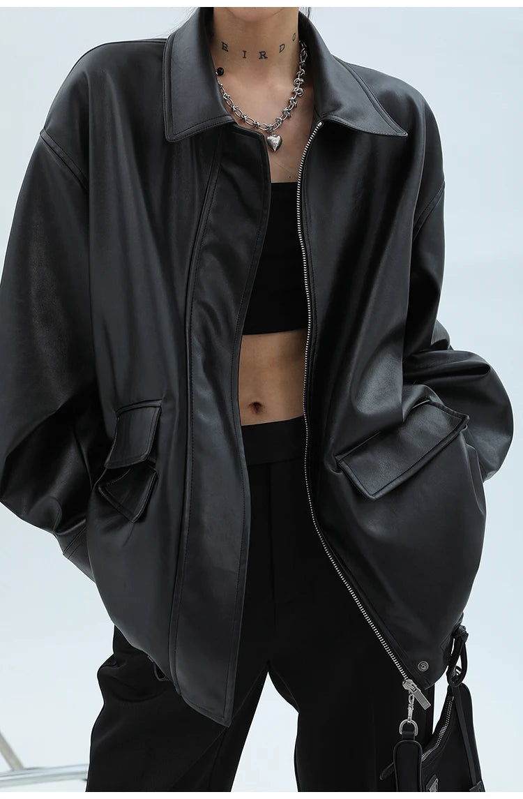 "Trinity" Women's Waterproof Long Sleeve Oversized Faux Leather Jacket