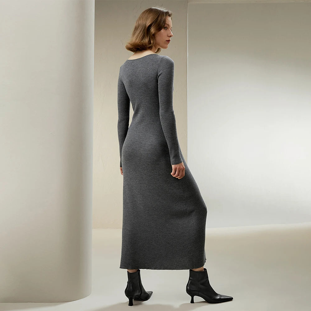“Grey Goose” Merino Wool Long Sleeve Midi Dress