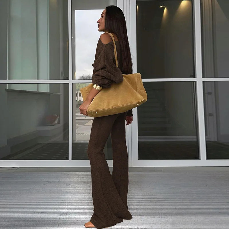 "Cashmere" Women's Casual Elegant Asymmetrical Top & Flare Pants 2 Piece Matching Lounge Set