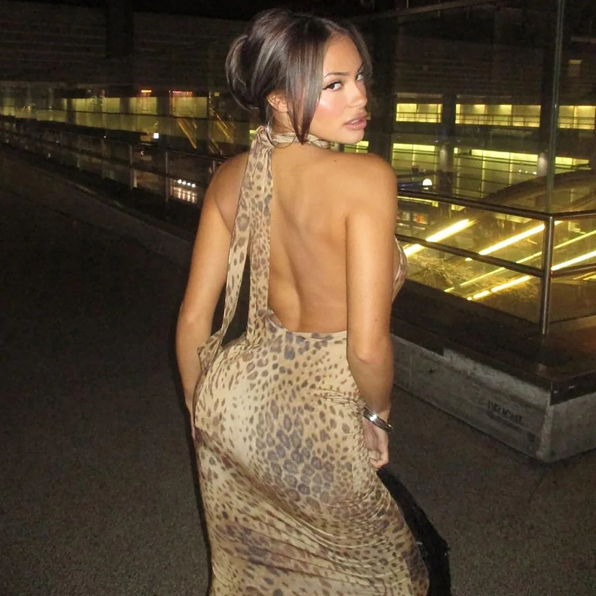 "Blackout" Women's Embellished Backless Leopard Print Maxi Dress