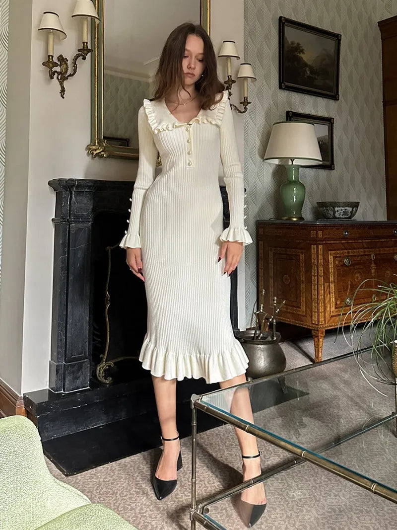 ”Elizabeth” Vintage Knitted High Waist Ruffled Maxi Dress