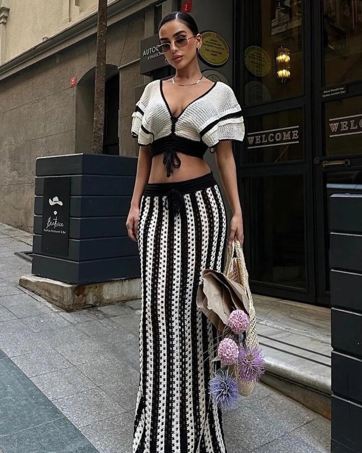 "Jolie" Knitted Striped 2 Piece Cropped Outfit Set
