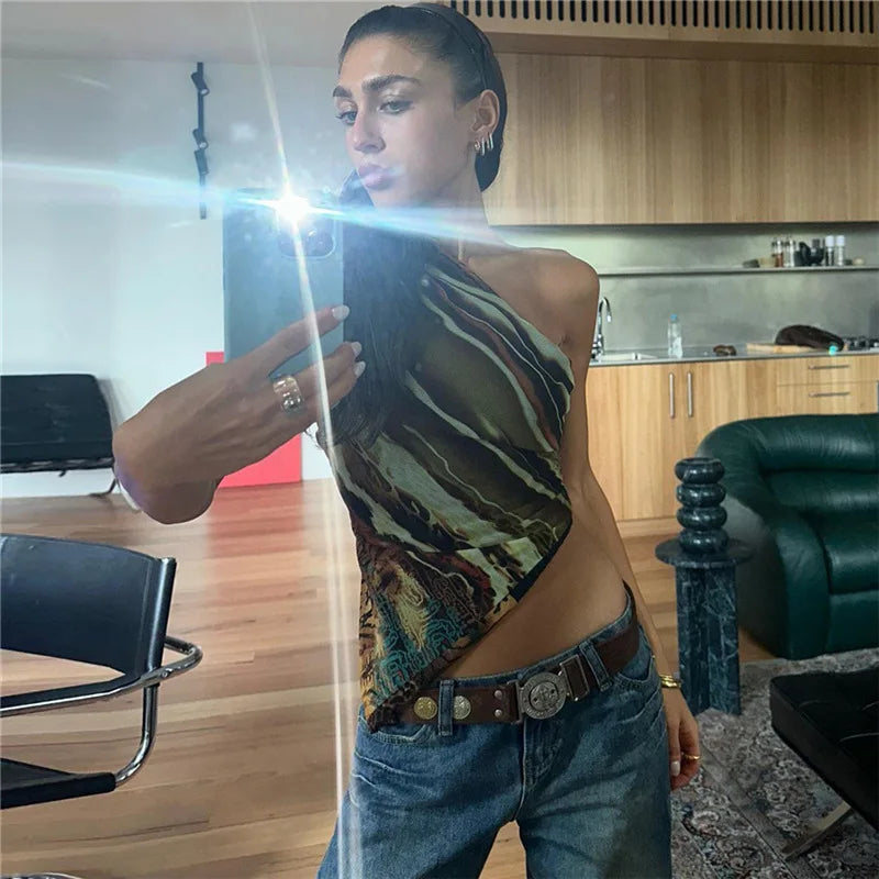 ”Dopamine” Women’s Asymmetric Print Y2K Style One Shoulder Crop Top