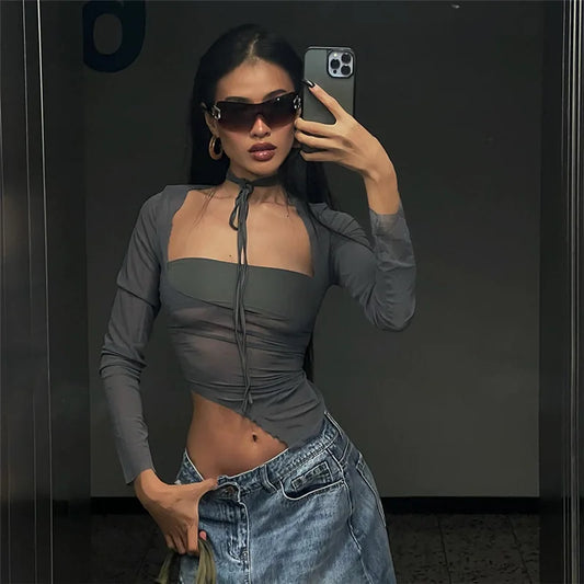 "Steel" Women's See-Through Mesh Y2K Style Crop Top