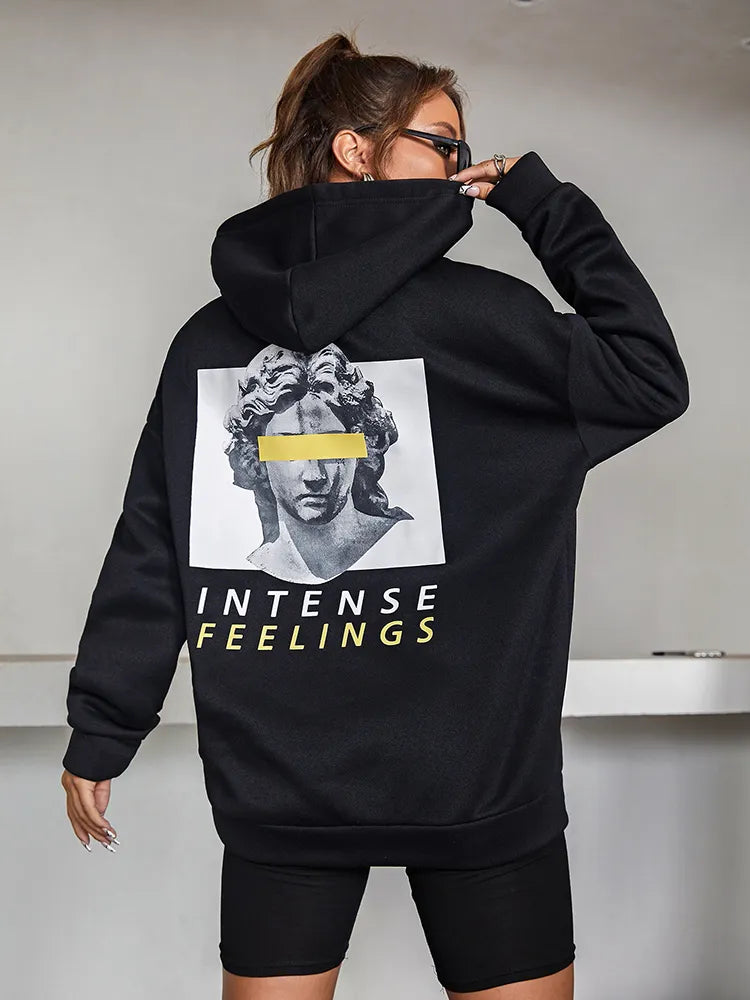 “Intense Feeling” Women’s Casual Graphic Print Black Hoodie