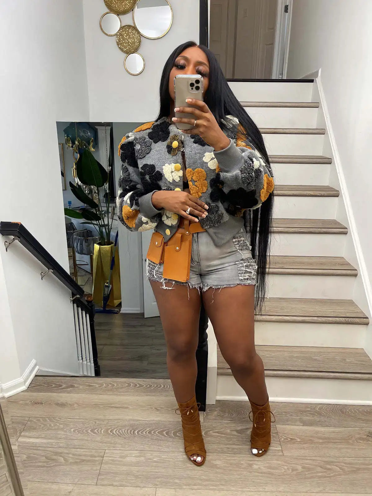 “Sauced Up” Elegant Front Floral Print Long Sleeve Jacket