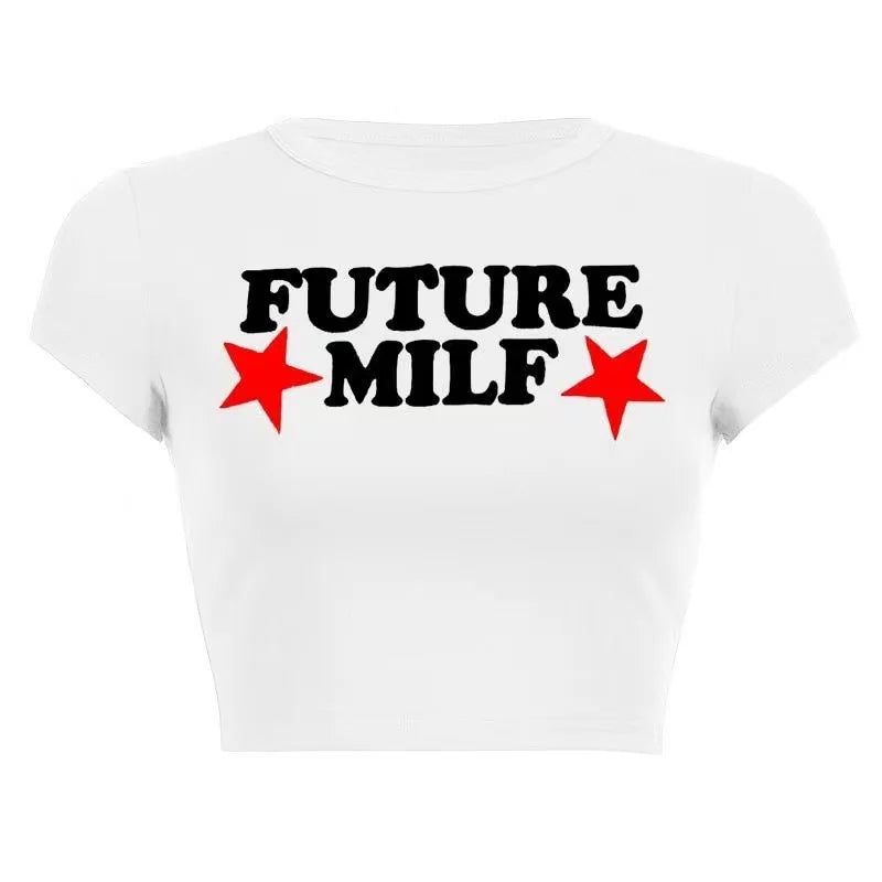“Future Milf” Women’s Retro Star Print Y2K Style Baby Tee