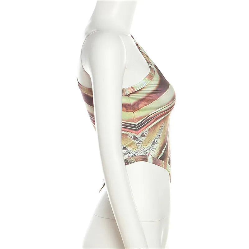 ”Dopamine” Women’s Asymmetric Print Y2K Style One Shoulder Crop Top