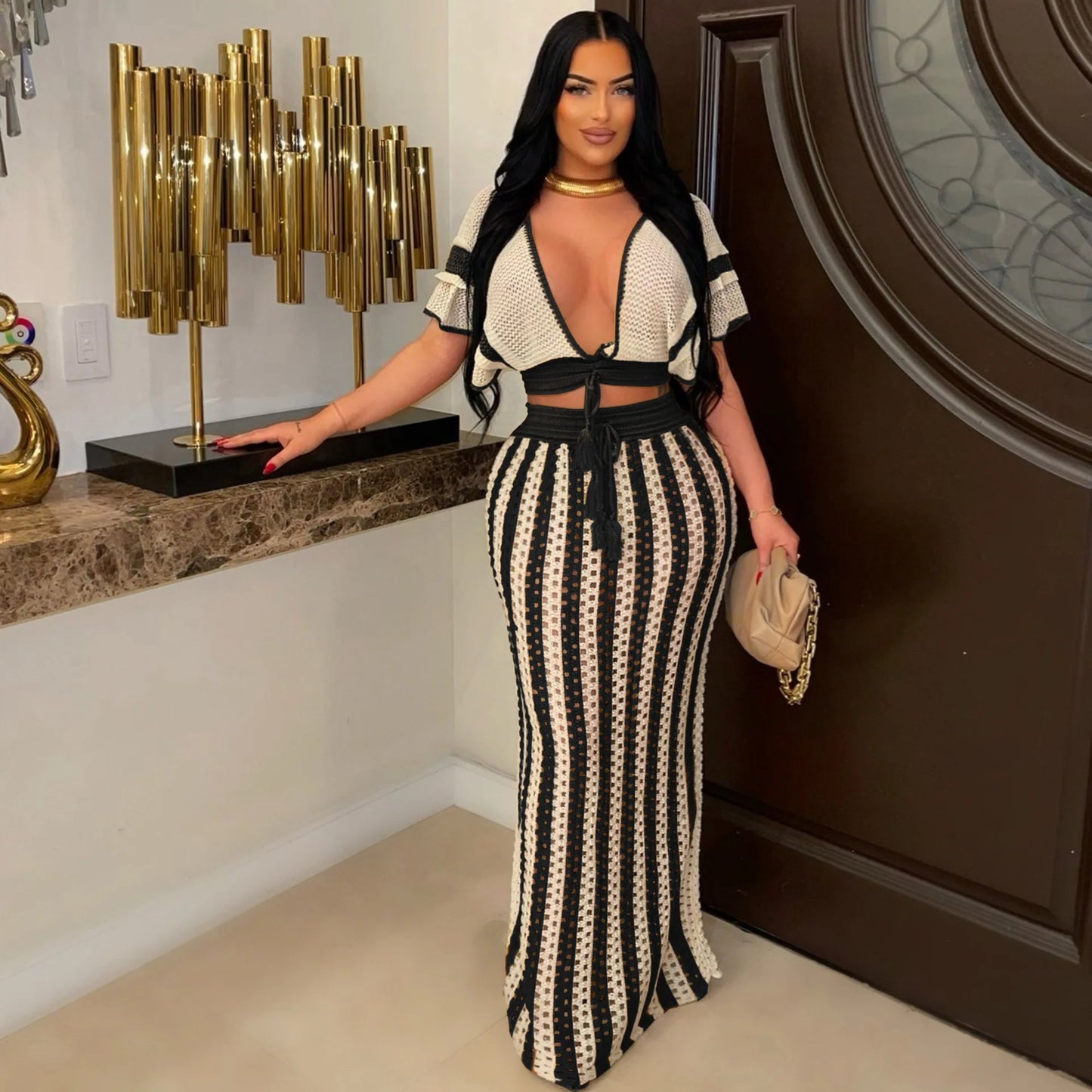 "Jolie" Knitted Striped 2 Piece Cropped Outfit Set