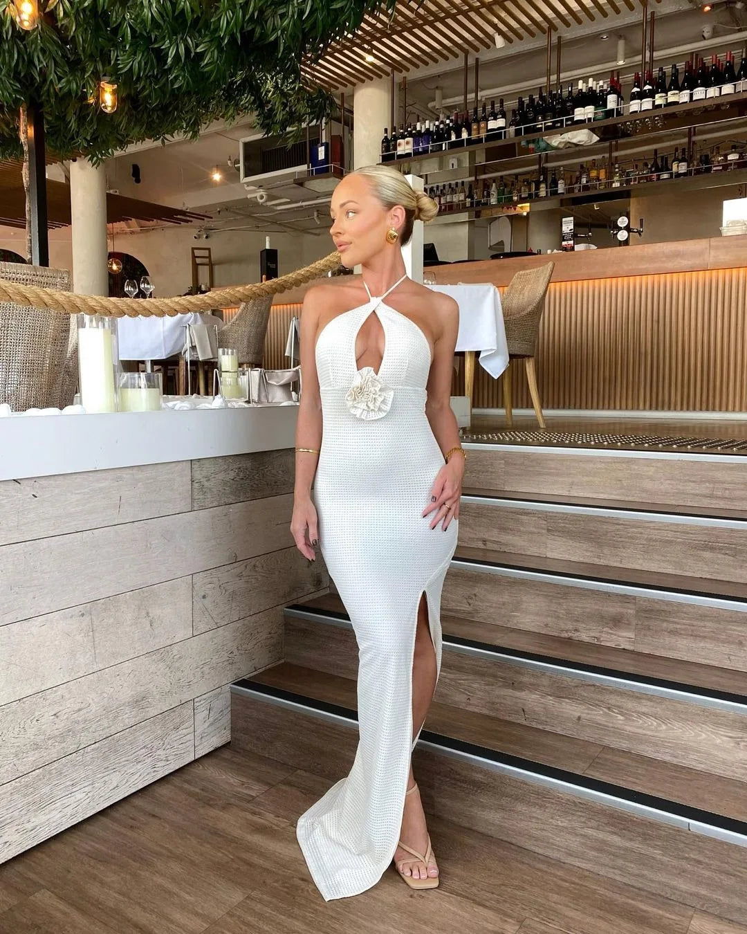 "Barbados" Women's Sexy Backless Knitted Halter Maxi Dress