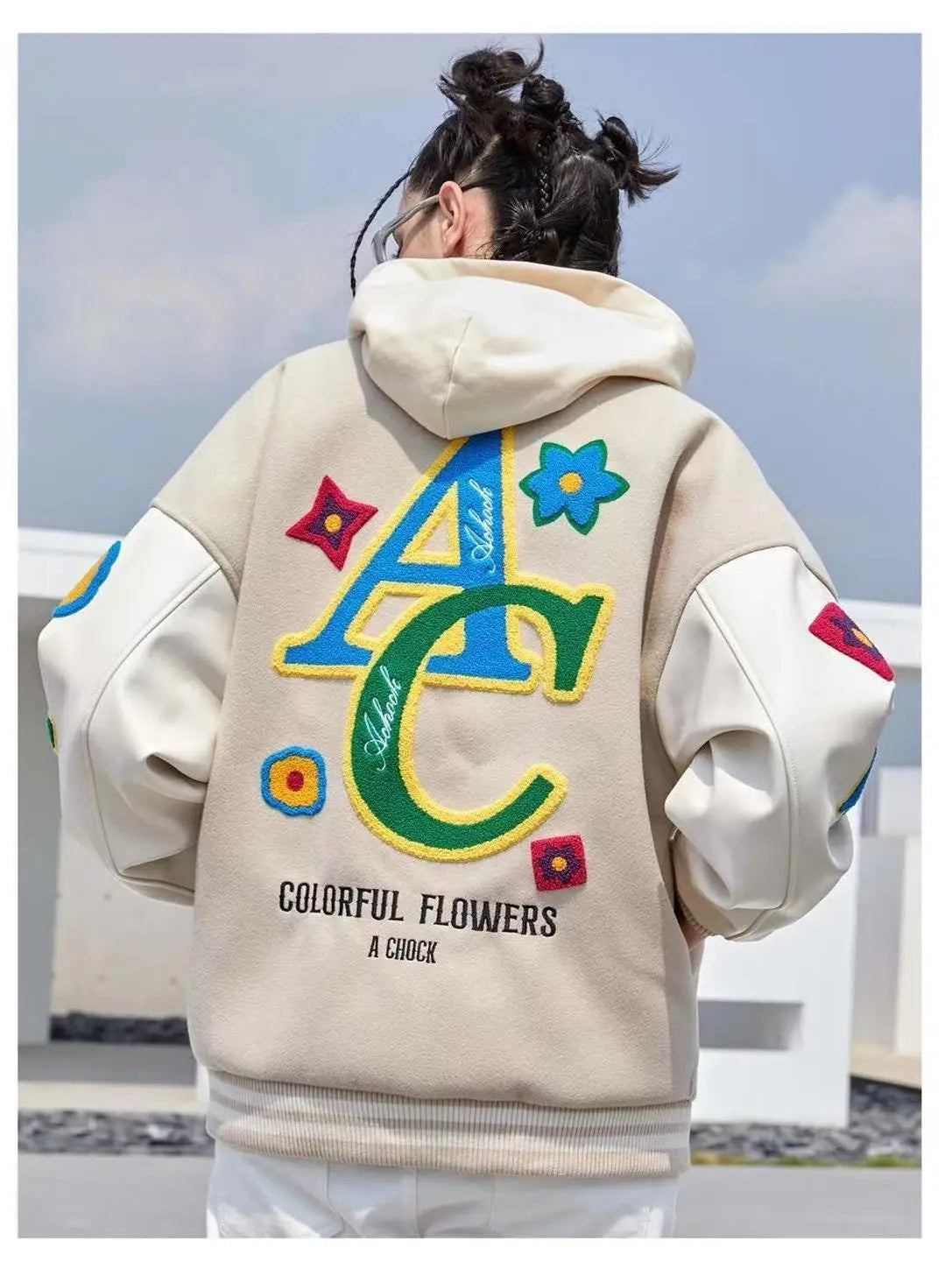 “Colorful Flowers” Men’s American Flower Embroidered Urban Bomber Jacket