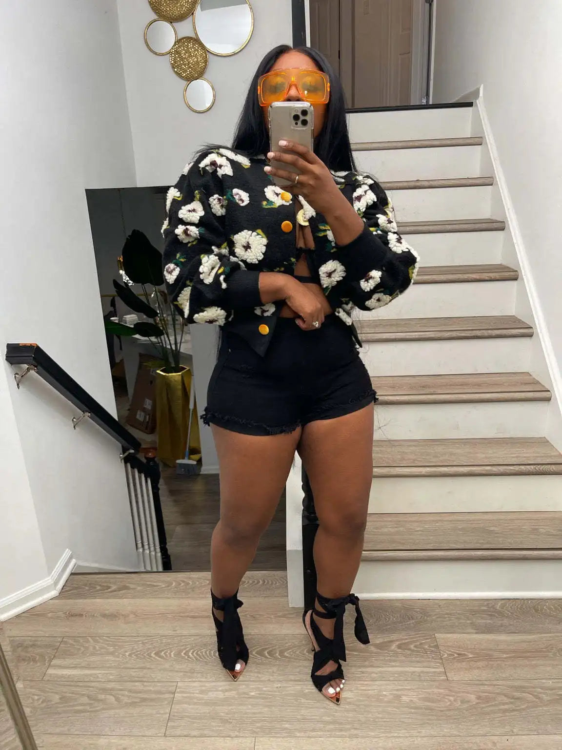 “Sauced Up” Elegant Front Floral Print Long Sleeve Jacket