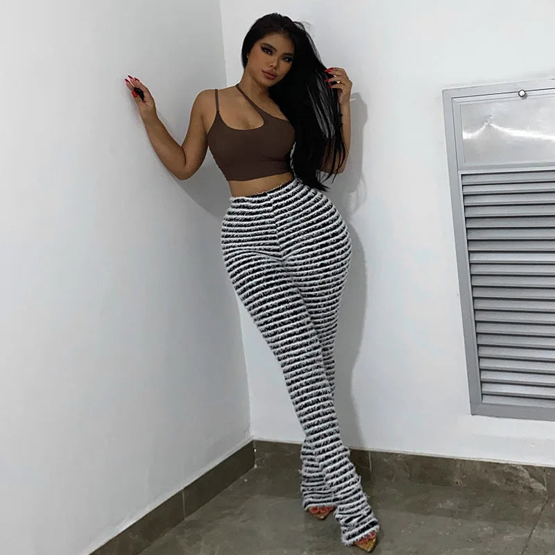 “Pay The Fee” Knitted Black and White Striped High Waist Flare Pants