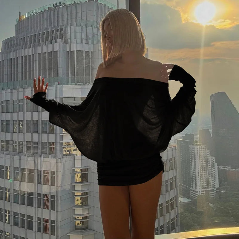 "Sunsets" Women's Off Shoulder See-Through Bodycon Mini Dress