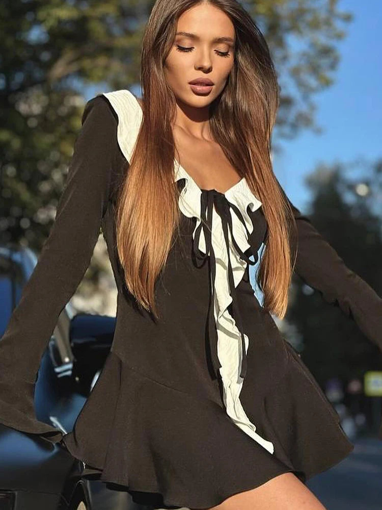 "Paris" Women's Backless Flare Sleeve V-Neck Lace-Up Bodycon Mini Dress