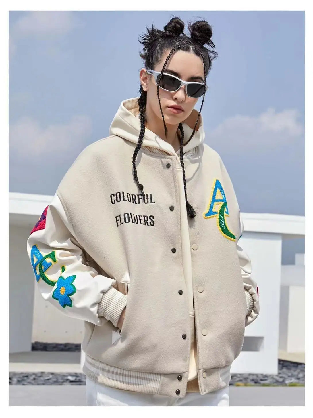 “Colorful Flowers” Men’s American Flower Embroidered Urban Bomber Jacket