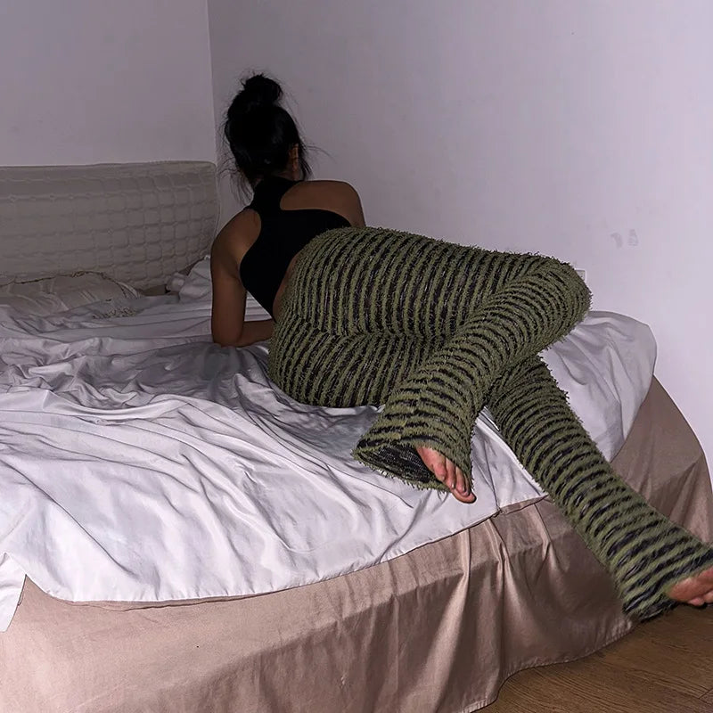 “Pay The Fee” Knitted Black and White Striped High Waist Flare Pants