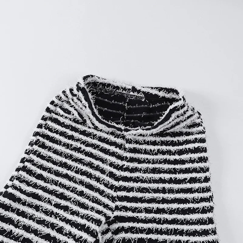 “Pay The Fee” Knitted Black and White Striped High Waist Flare Pants