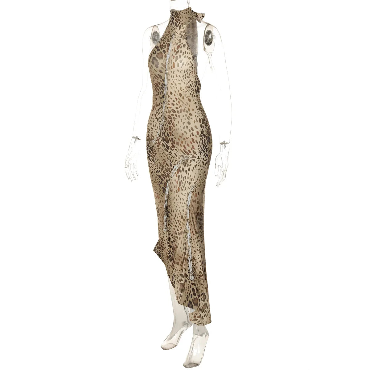 "Blackout" Women's Embellished Backless Leopard Print Maxi Dress
