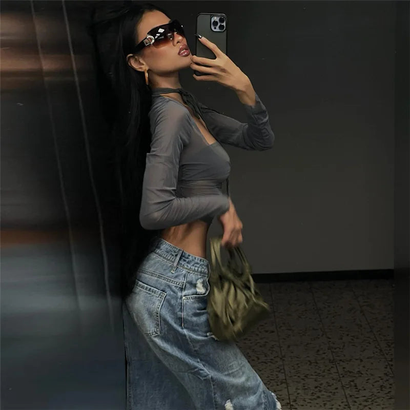 "Steel" Women's See-Through Mesh Y2K Style Crop Top
