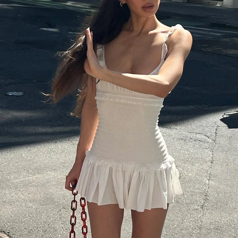 "Frolic" Women's Pleated Backless Y2K Style A-Line Mini Dress