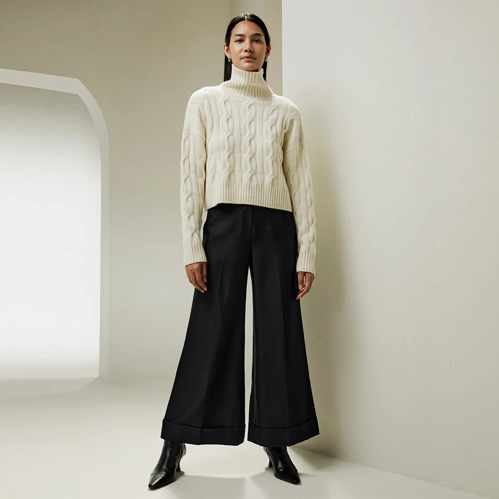 Luxe Women’s Cable Knit Oversized Turtleneck Cashmere Sweater
