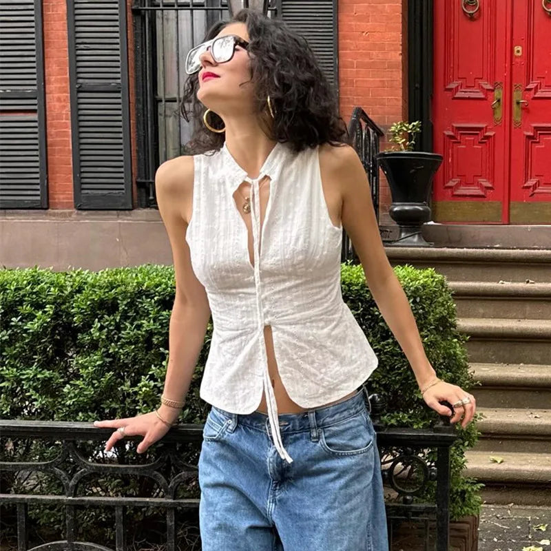"Girl Next Door" Women's Breathable See-Through Y2K Style Button Up Crop Top