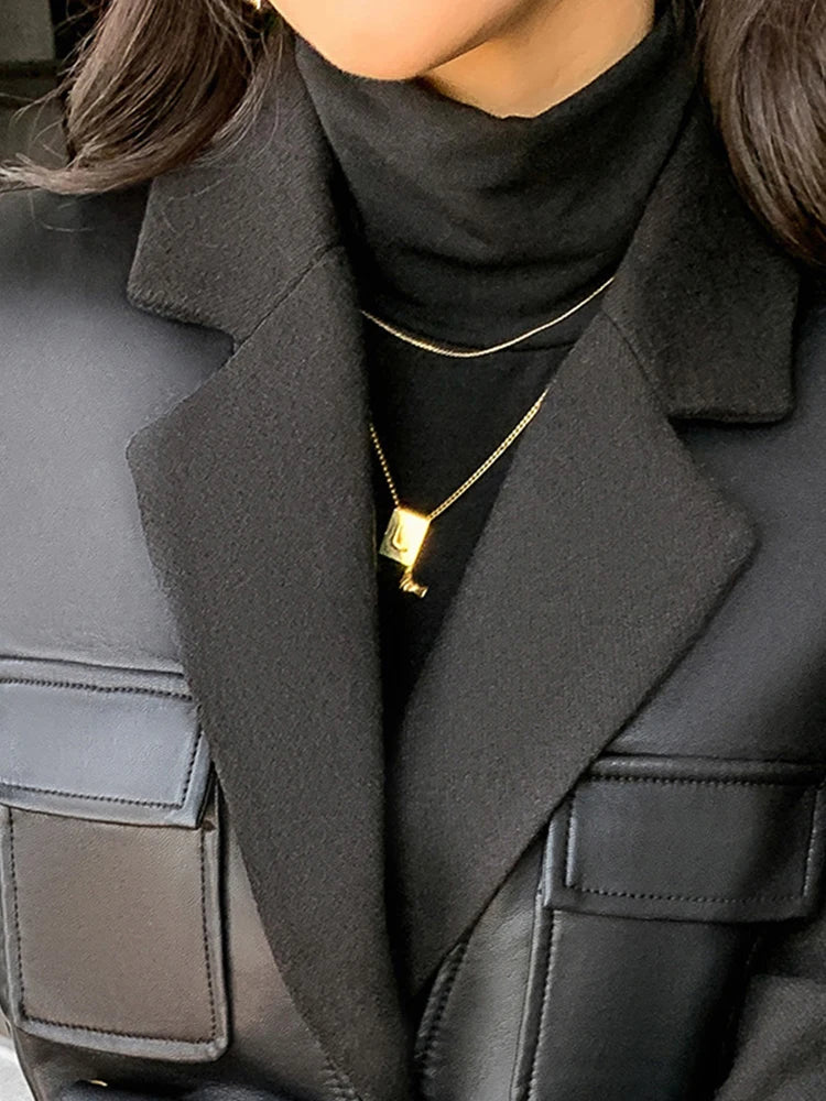“Leona” Women’s Black Wool Designer Leather Jacket