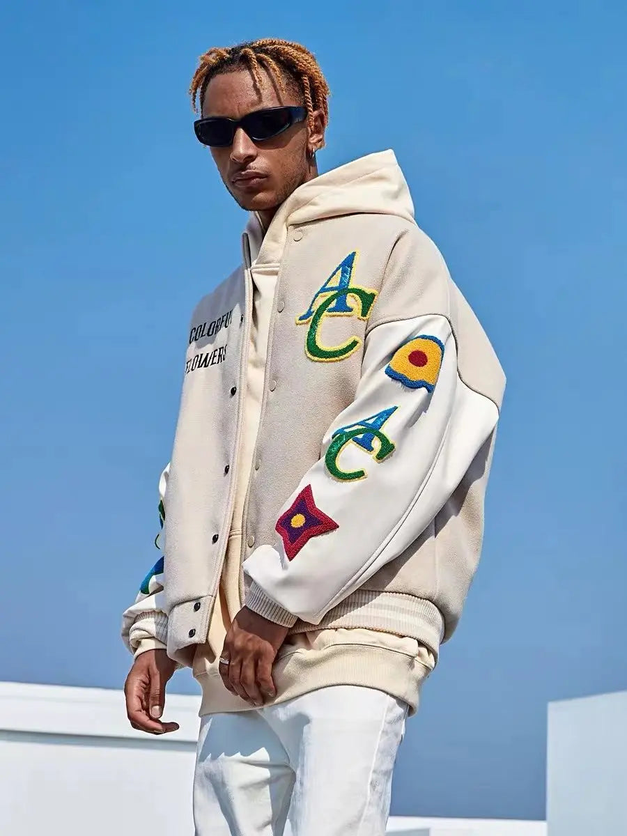 “Colorful Flowers” Men’s American Flower Embroidered Urban Bomber Jacket