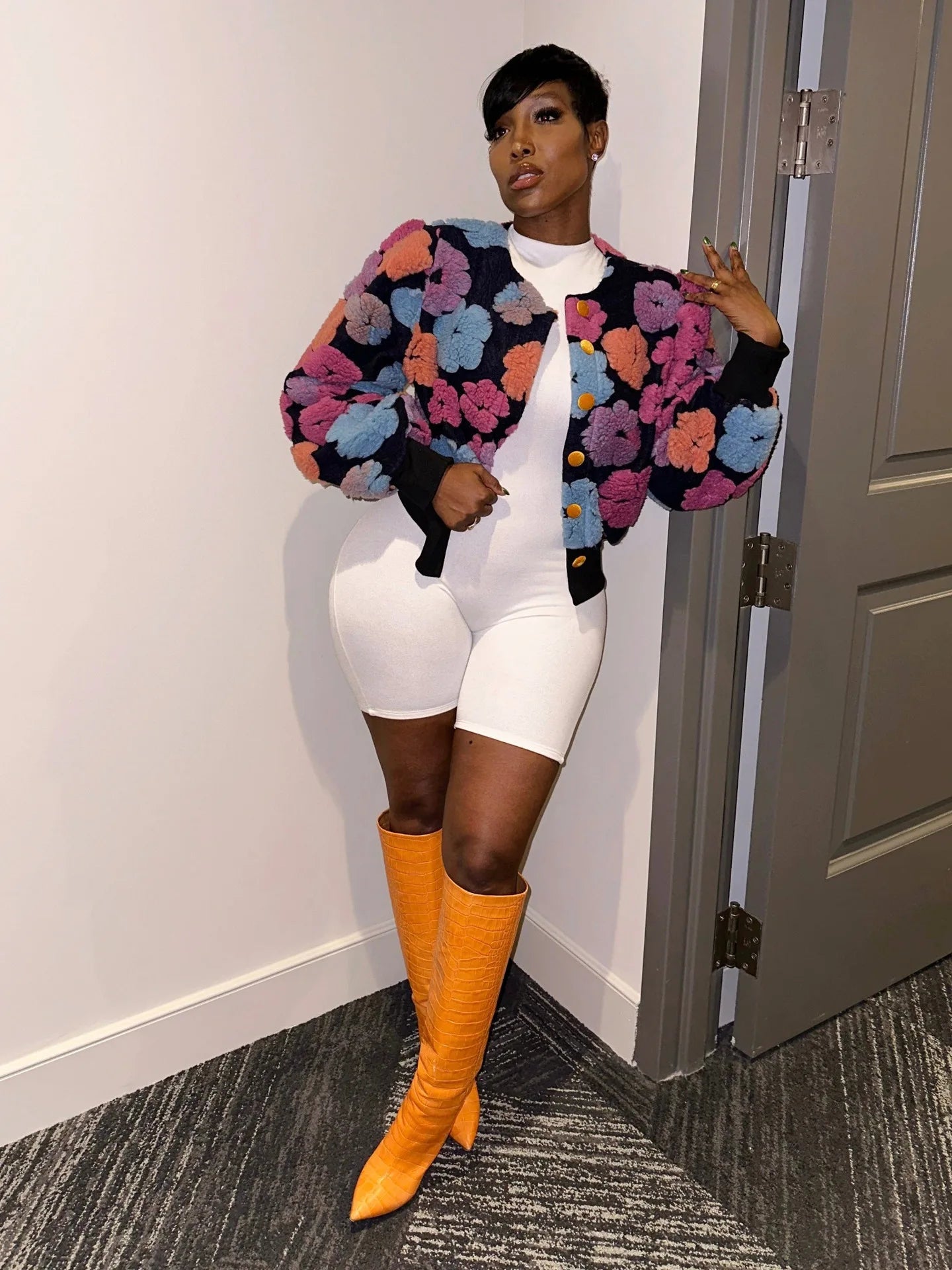 “Sauced Up” Elegant Front Floral Print Long Sleeve Jacket
