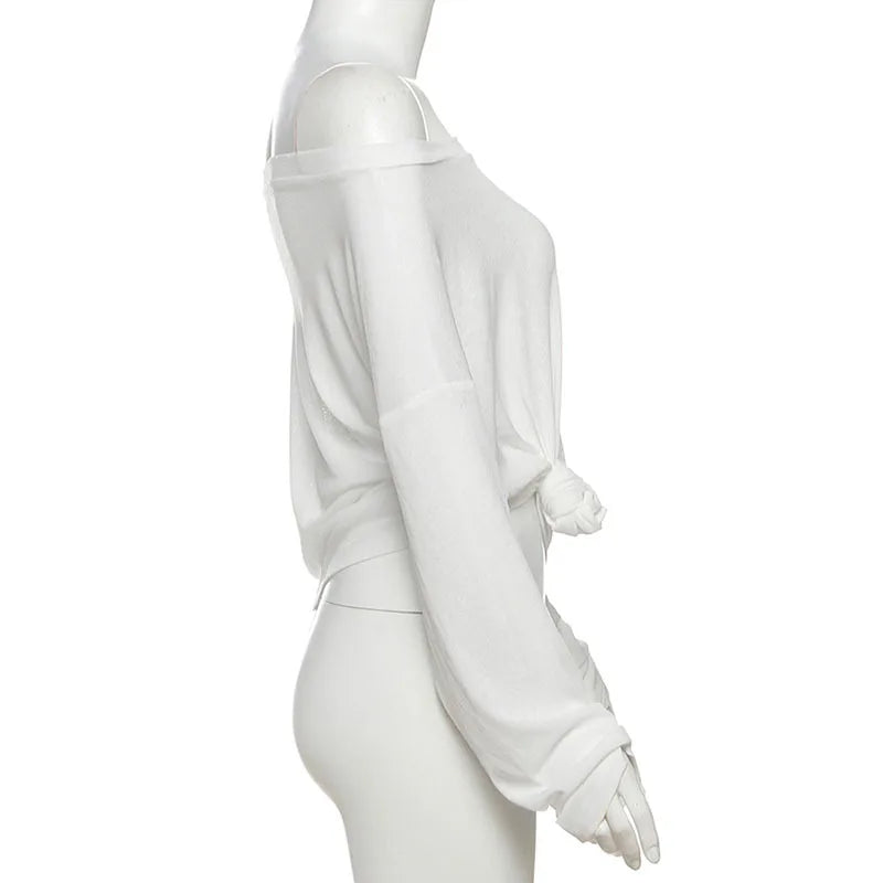 "Como" Women's See Though Off-Shoulder Long Sleeve Crop Top