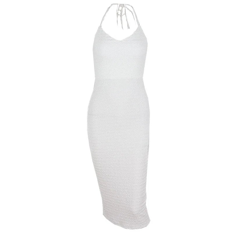 "Coletta" Knit Backless Lace-Up Halter Maxi Dress