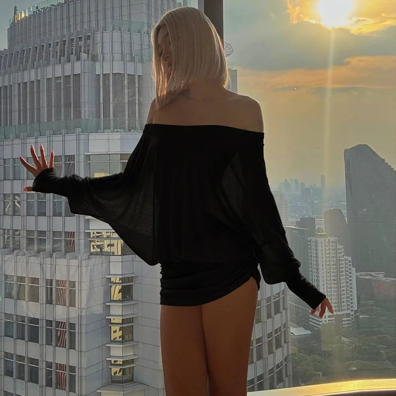"Sunsets" Women's Off Shoulder See-Through Bodycon Mini Dress