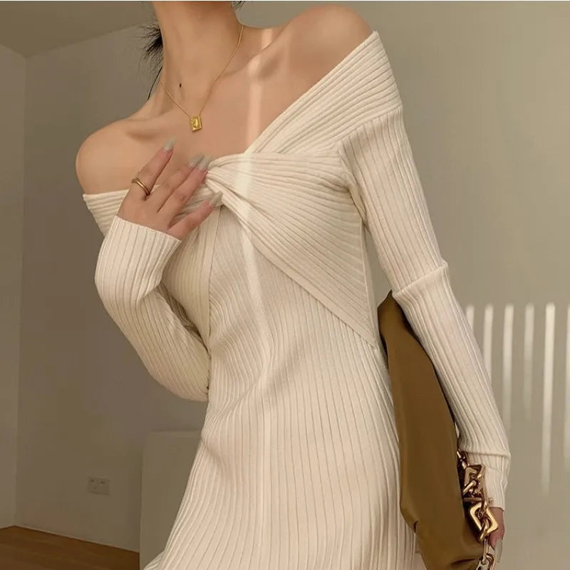 “Cashmere” Temperament Knitted Off Shoulder Designer Dress