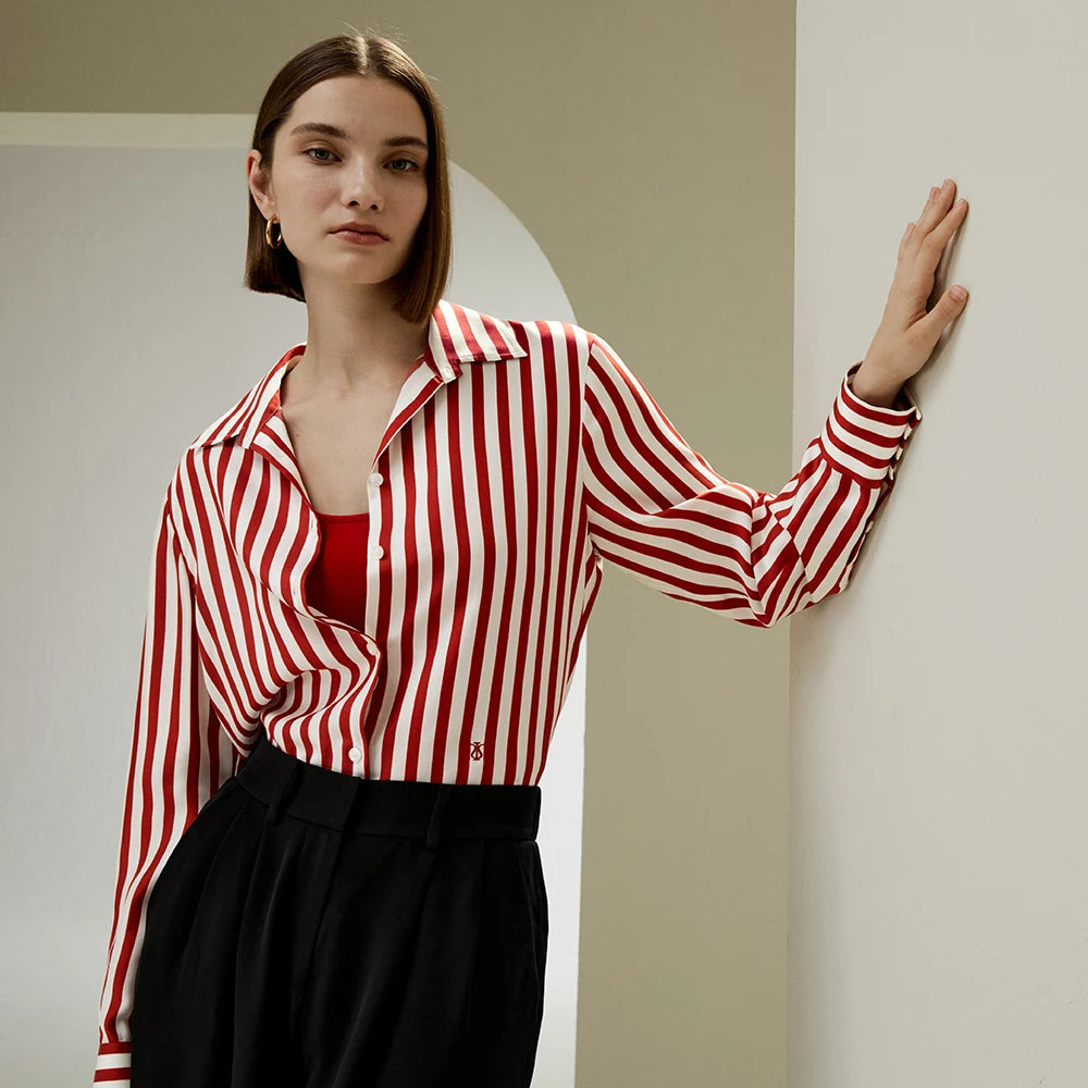 ”Me, Myself, And I” Women’s Red Striped Mulberry Silk Collared Shirt