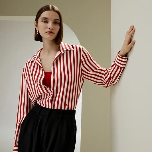 ”Me, Myself, And I” Women’s Red Striped Mulberry Silk Collared Shirt
