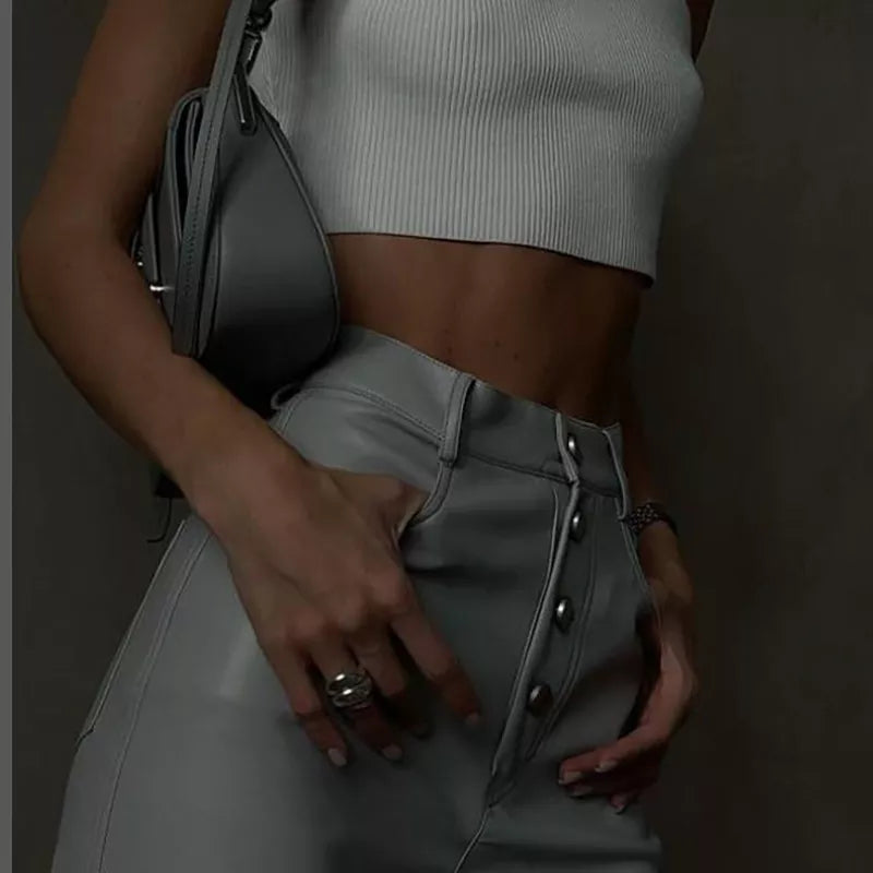 “Miley” High Waist Straight Leg Button Up Leather Pants