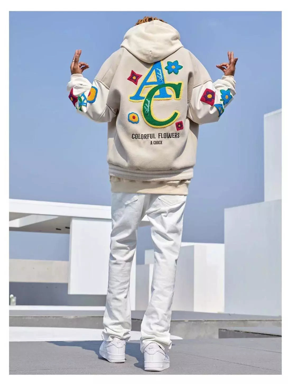 “Colorful Flowers” Men’s American Flower Embroidered Urban Bomber Jacket