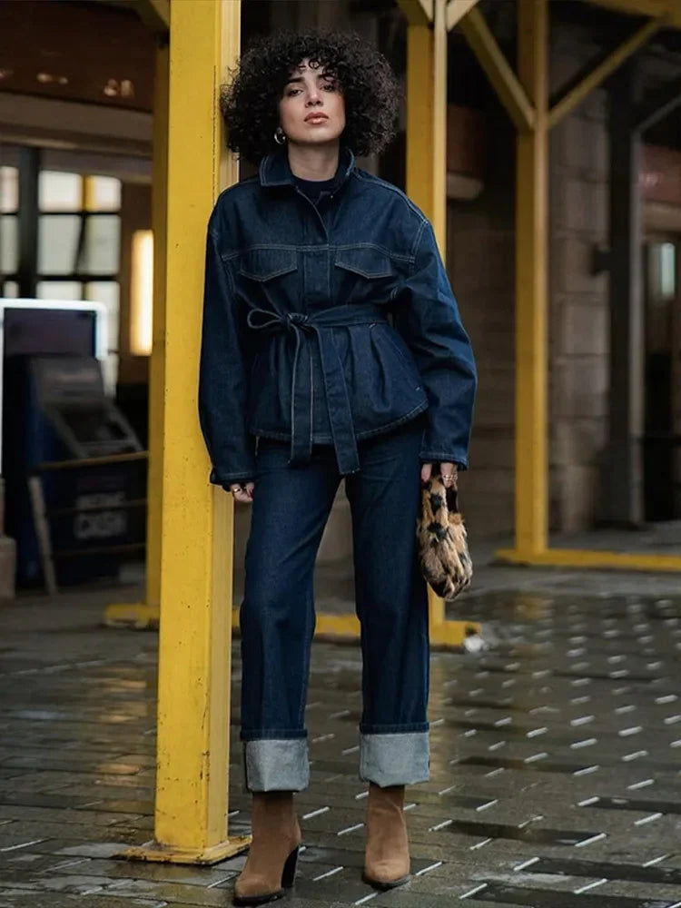 "Bel Air" Women's Cinched Lace Up Wide Leg Denim Pants Set