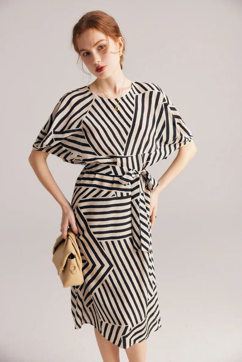 "Lady Jaye" Women's Mulberry Silk Bat Sleeve Striped Dress