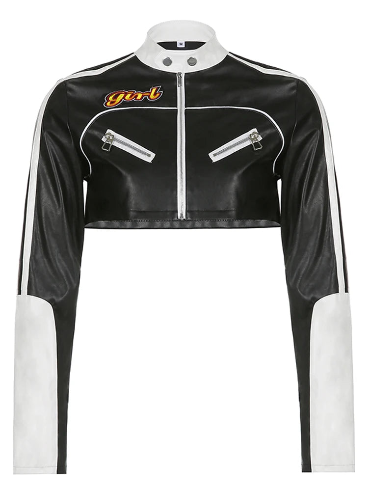 “Hot Shit” Women’s Cropped Two Tone Faux Leather Jacket