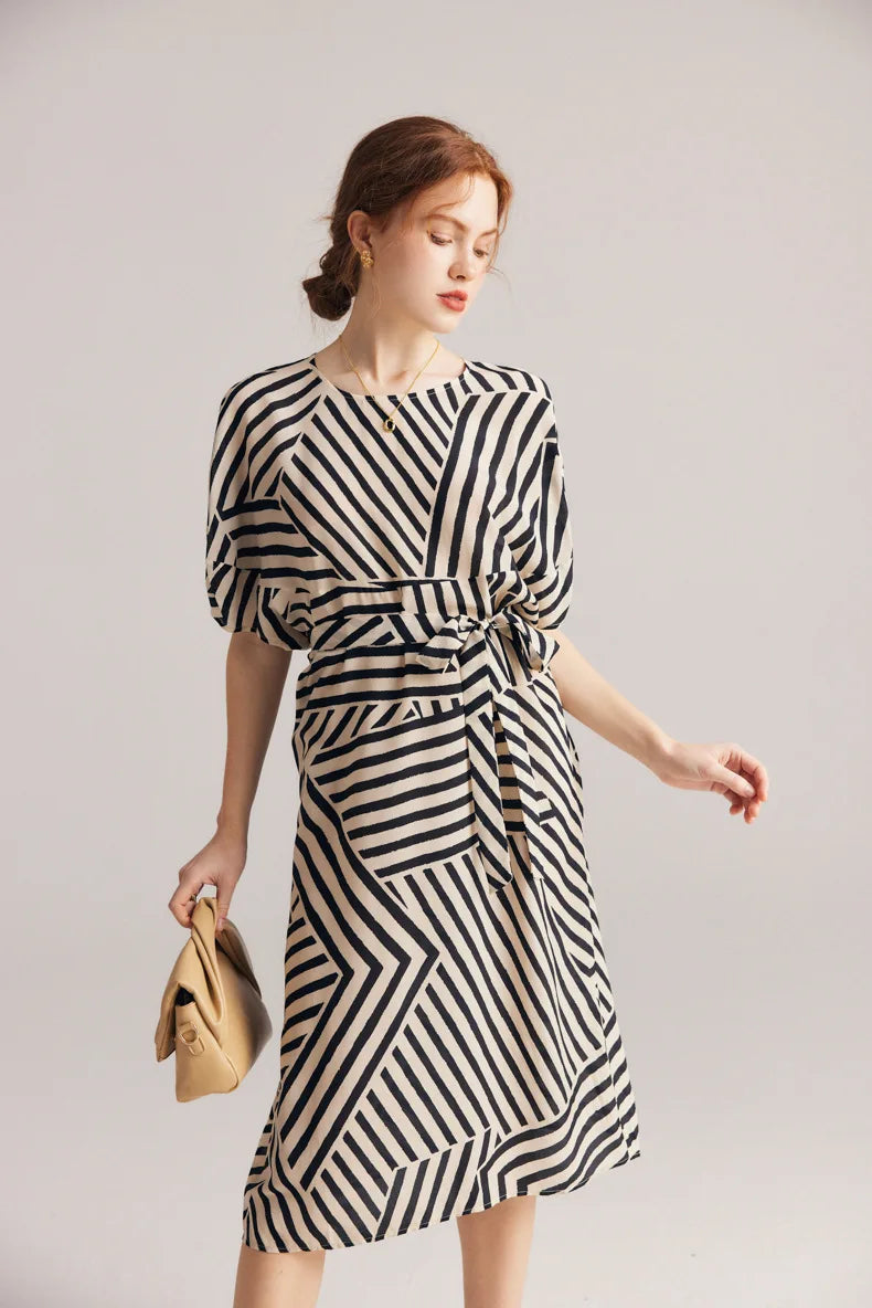 "Lady Jaye" Women's Mulberry Silk Bat Sleeve Striped Dress