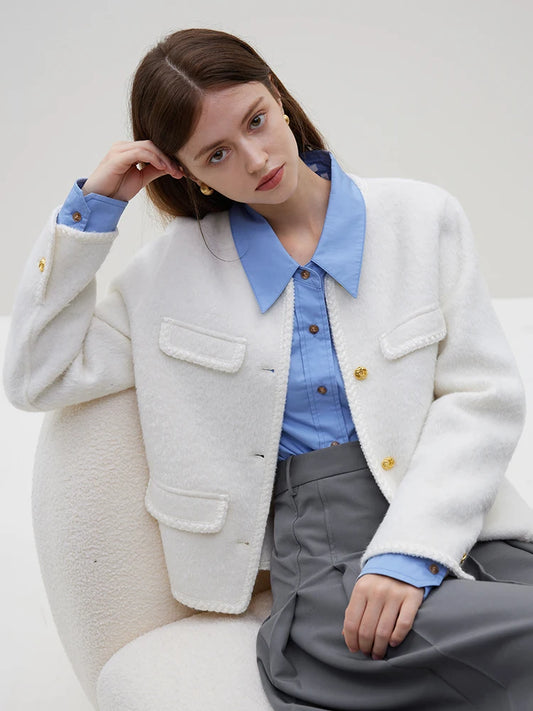 “Alpaca” Women’s Short Temperament Round Neck Wool Jacket